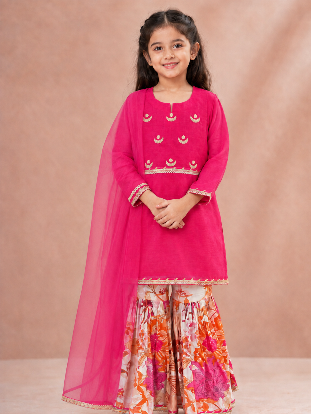 Bitiya By Bhama Girls Pink Kurta With Floral Printed Sharara And Dupatta.