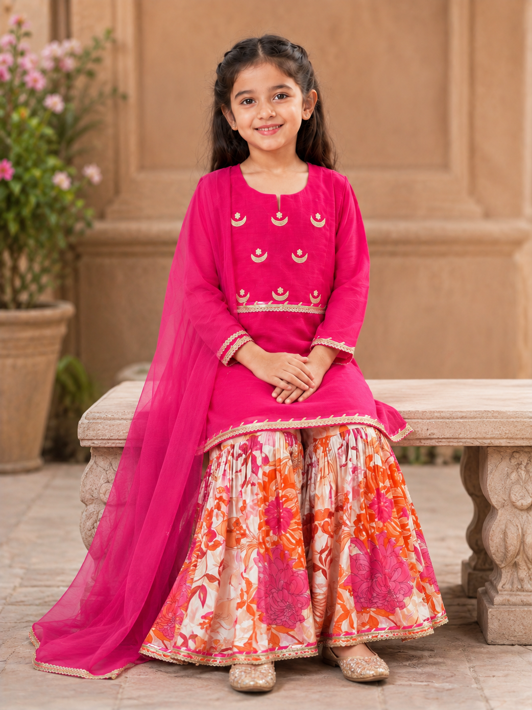 Bitiya By Bhama Girls Pink Kurta With Floral Printed Sharara And Dupatta.