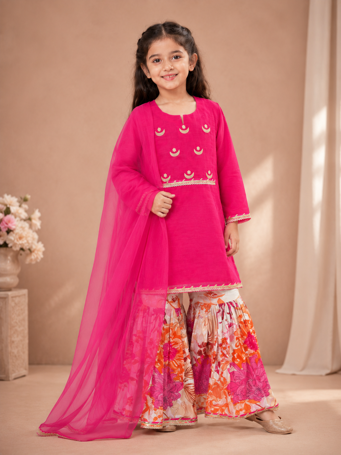 Bitiya By Bhama Girls Pink Kurta With Floral Printed Sharara And Dupatta.