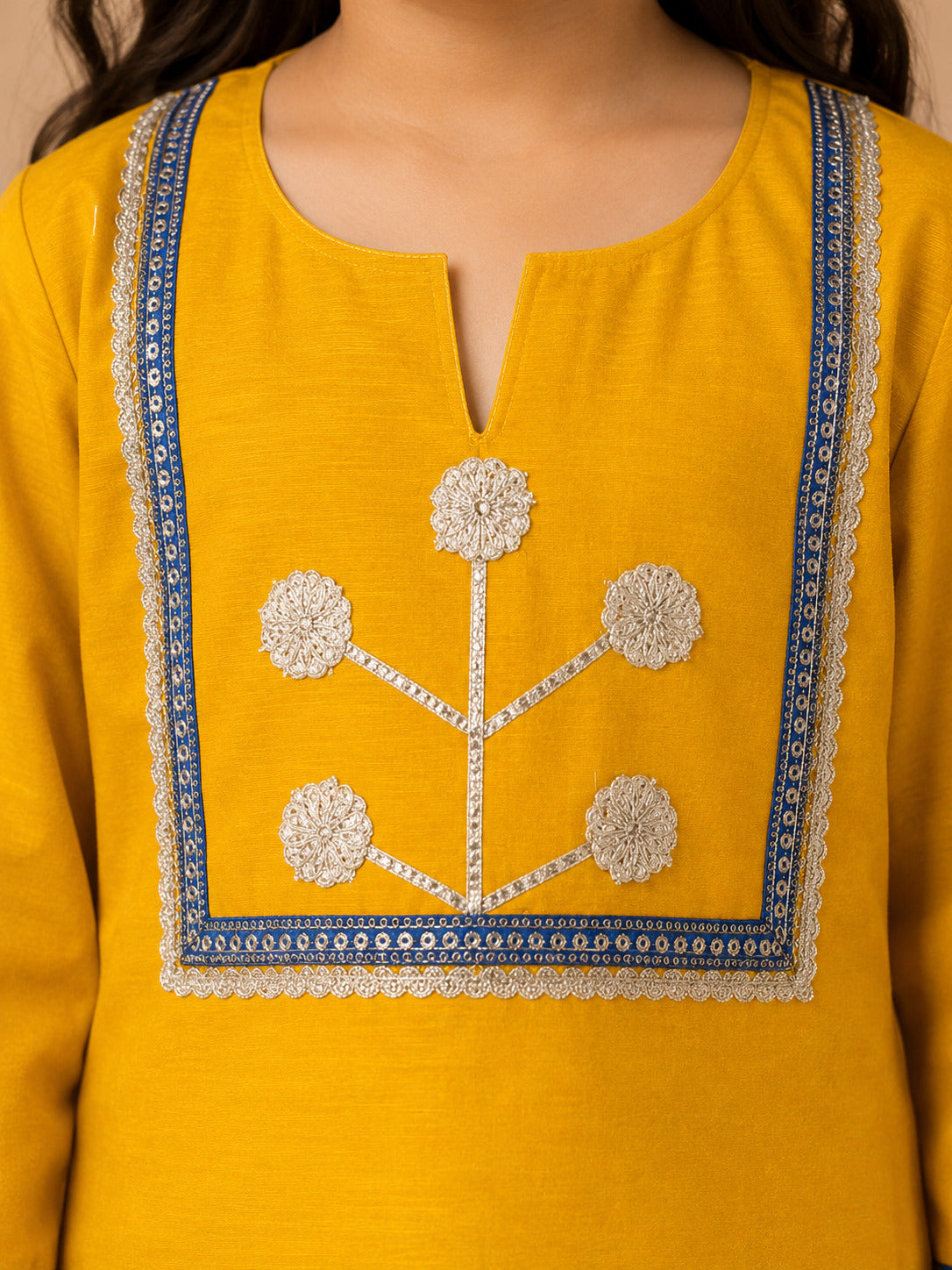 Bitiya By Bhama Girls Mustard Kurta With floral Printed Sharara And Blue Dupatta.