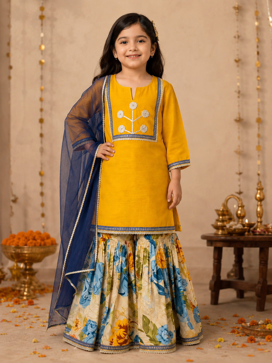 Bitiya By Bhama Girls Mustard Kurta With floral Printed Sharara And Blue Dupatta.