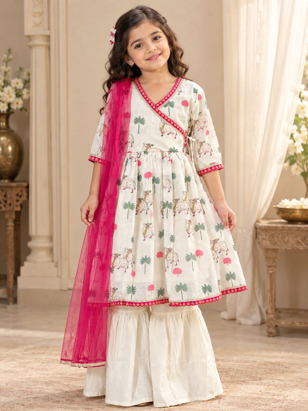 Bitiya By Bhama Girls White Printed Kurta With Sharara And Dupatta.