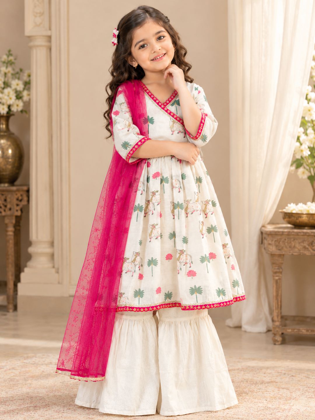 Bitiya By Bhama Girls White Printed Kurta With Sharara And Dupatta.