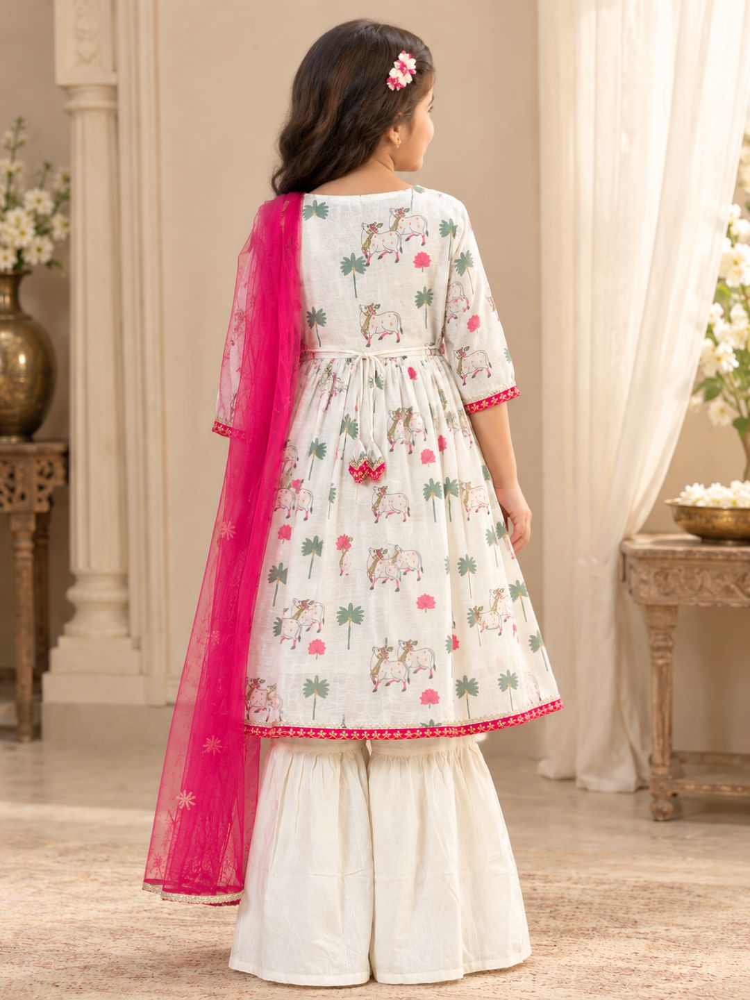 Bitiya By Bhama Girls White Printed Kurta With Sharara And Dupatta.