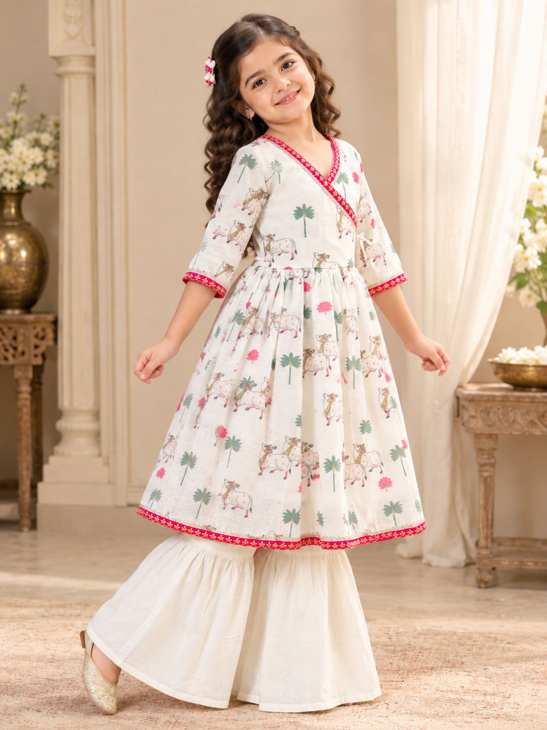 Bitiya By Bhama Girls White Printed Kurta With Sharara And Dupatta.