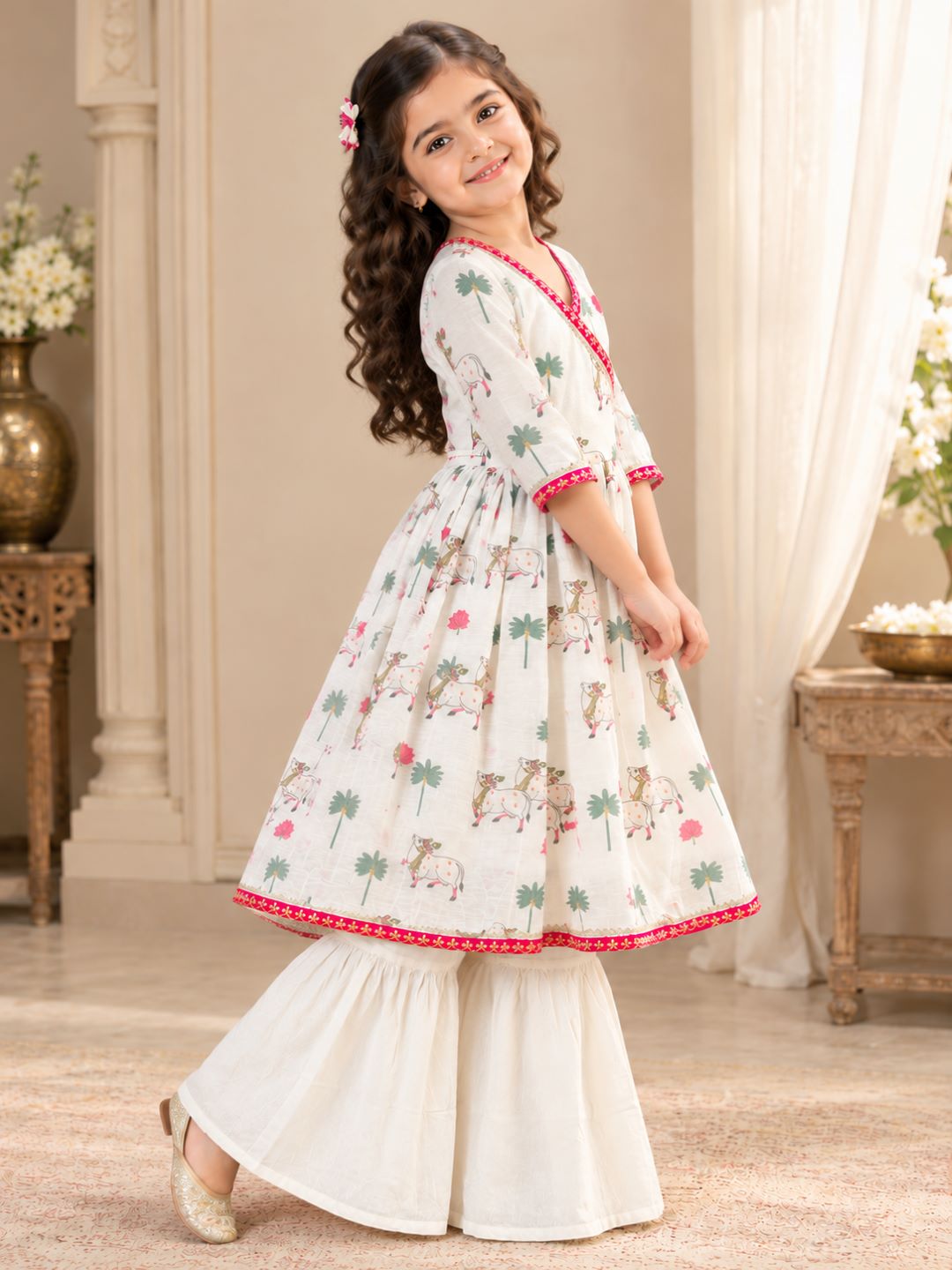 Bitiya By Bhama Girls White Printed Kurta With Sharara And Dupatta.