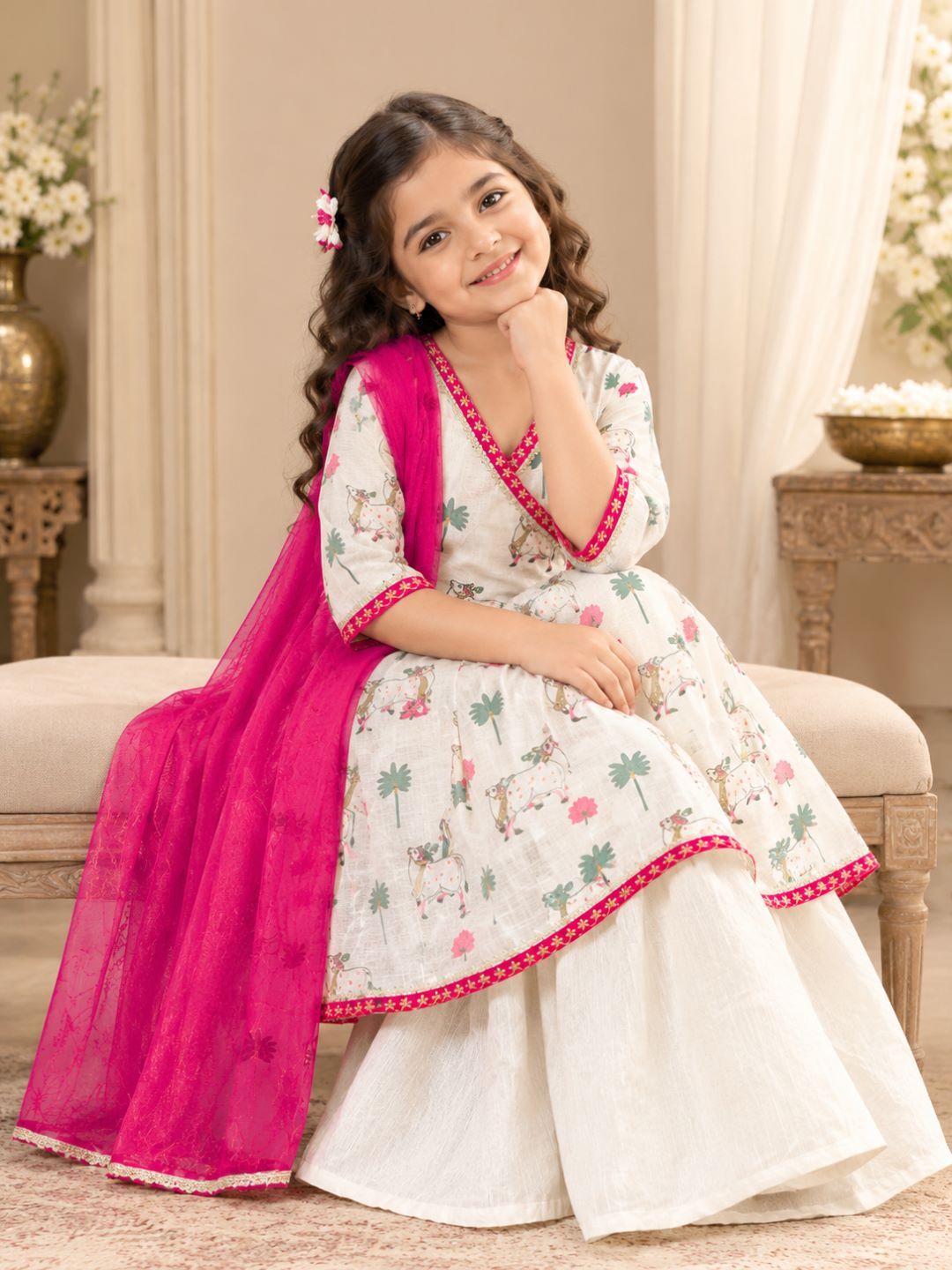 Bitiya By Bhama Girls White Printed Kurta With Sharara And Dupatta.
