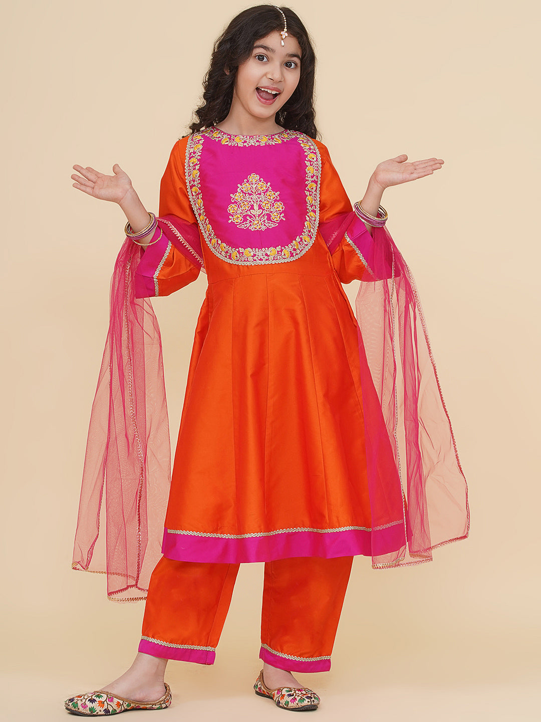 Bitiya by Bhama Girls Orange  A-Line Anarkali Kurta With Trousers & Dupatta