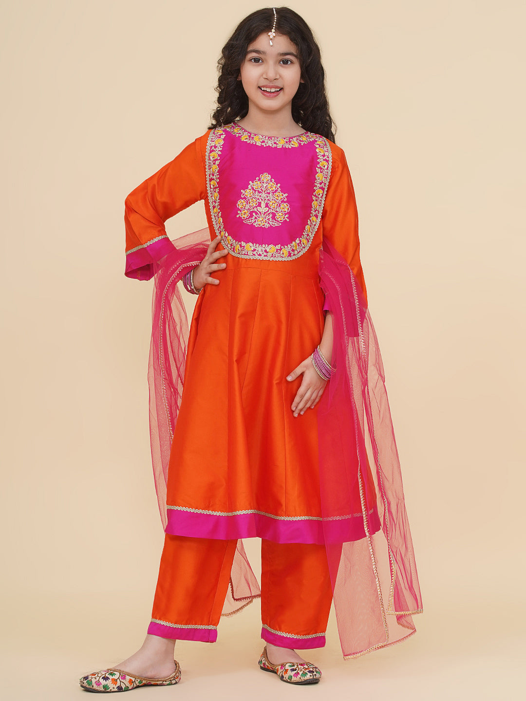 Bitiya by Bhama Girls Orange  A-Line Anarkali Kurta With Trousers & Dupatta