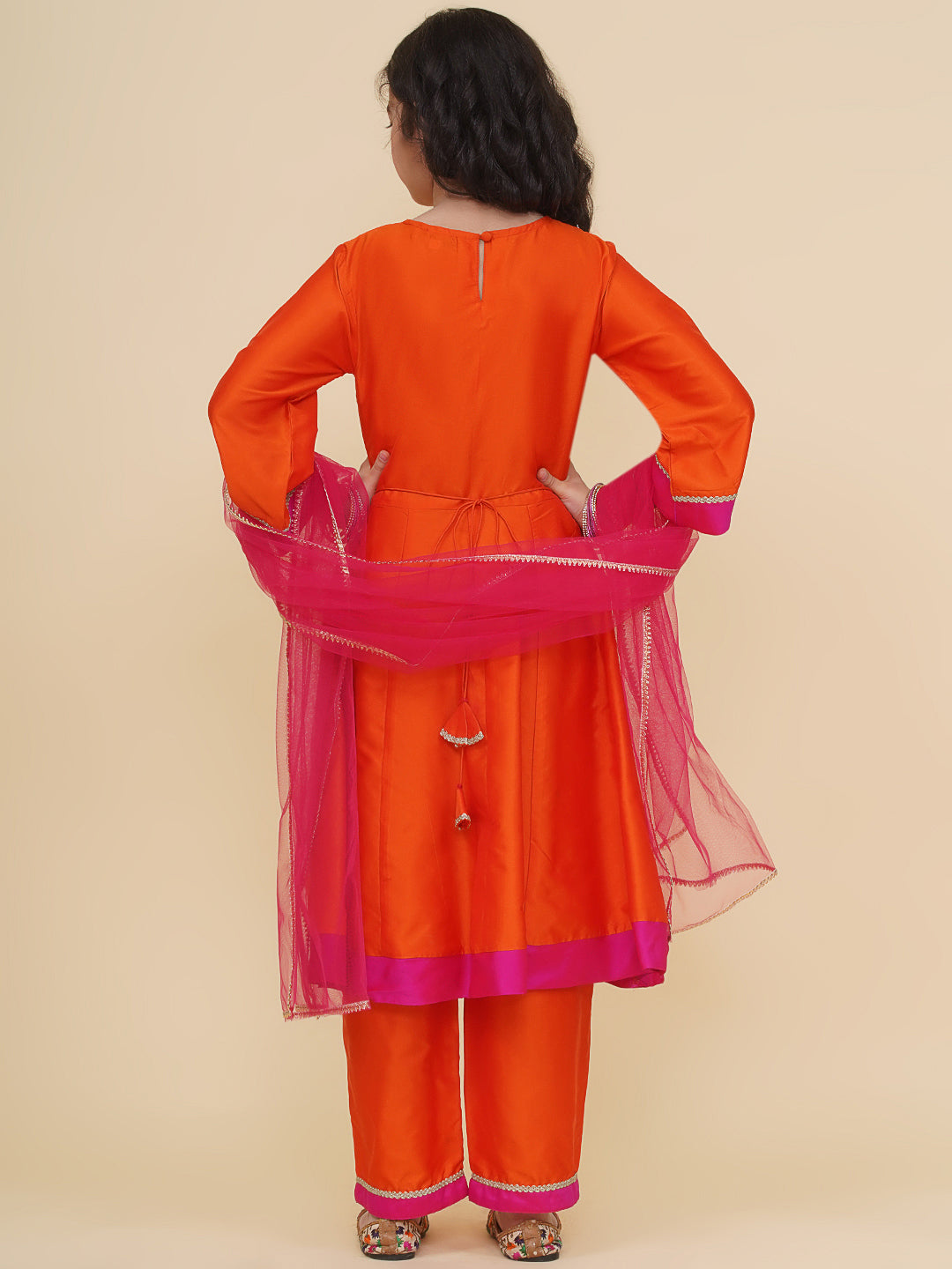 Bitiya by Bhama Girls Orange  A-Line Anarkali Kurta With Trousers & Dupatta