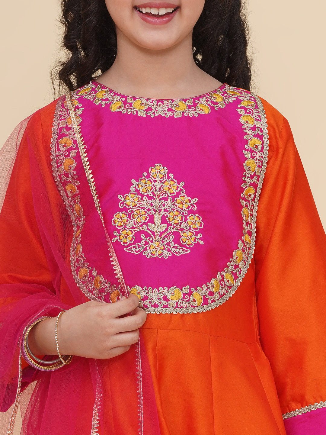 Bitiya by Bhama Girls Orange  A-Line Anarkali Kurta With Trousers & Dupatta
