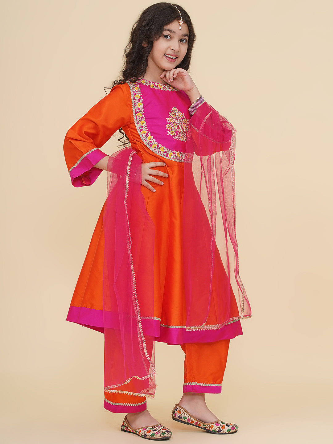 Bitiya by Bhama Girls Orange  A-Line Anarkali Kurta With Trousers & Dupatta