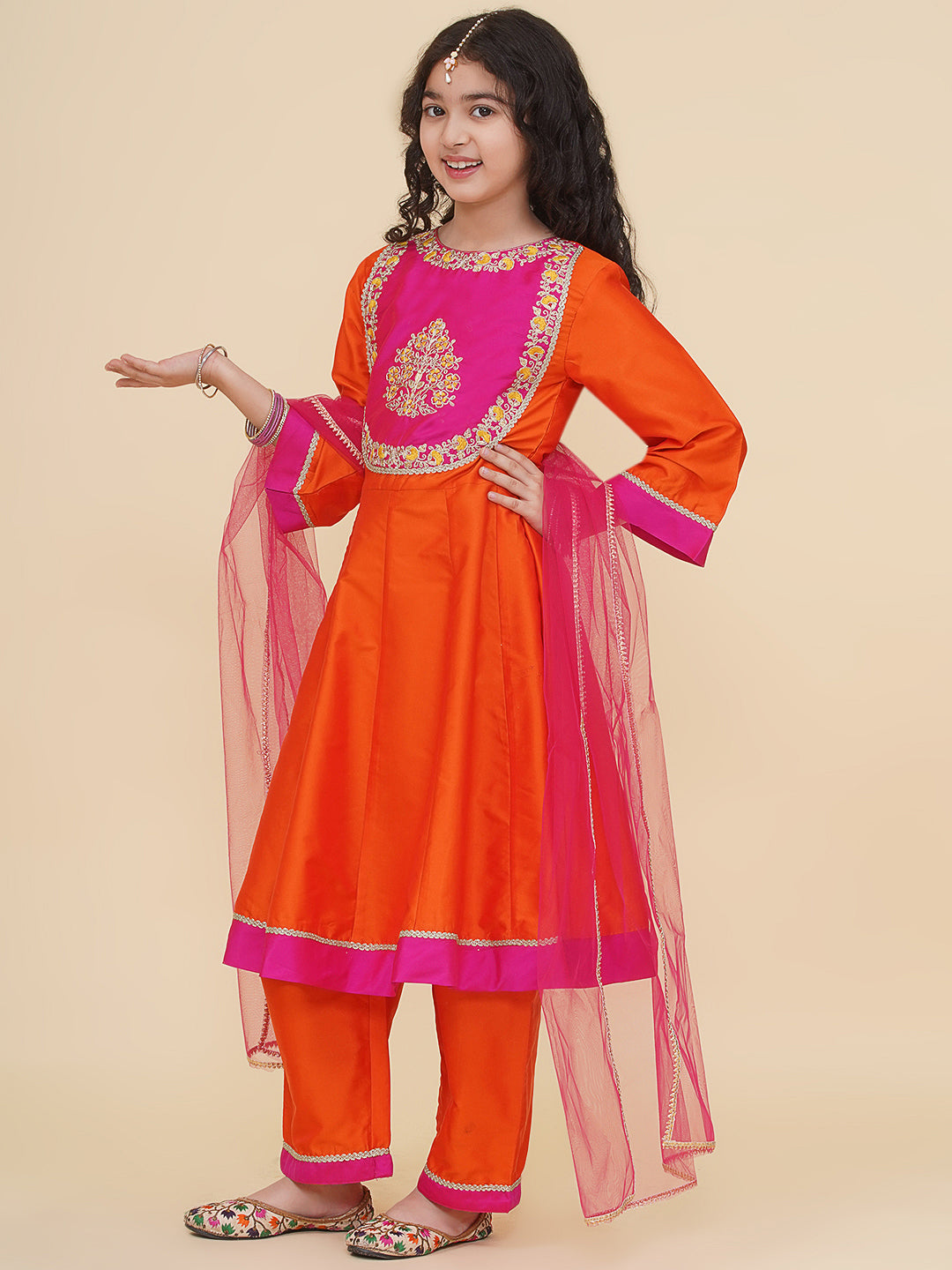 Bitiya by Bhama Girls Orange  A-Line Anarkali Kurta With Trousers & Dupatta