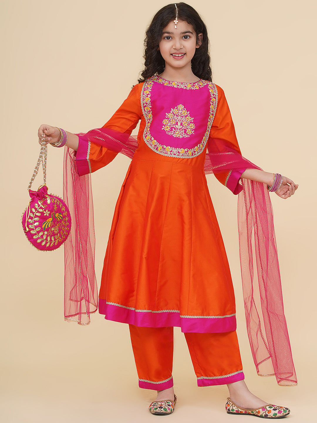 Bitiya by Bhama Girls Orange  A-Line Anarkali Kurta With Trousers & Dupatta