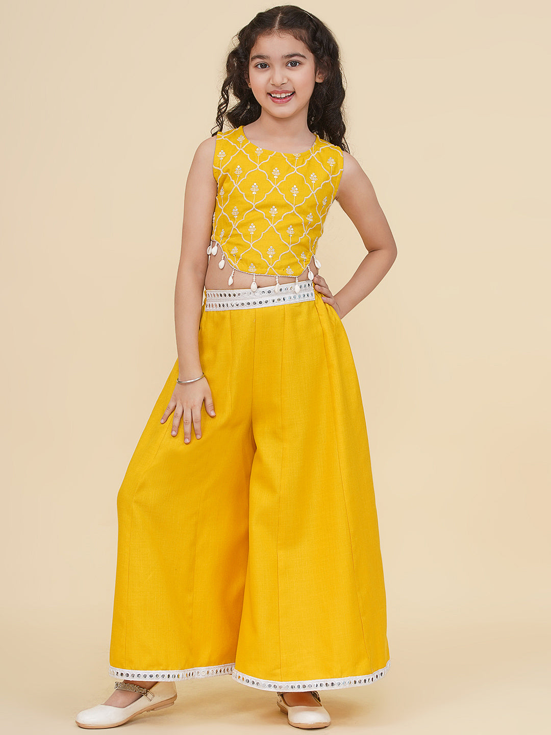Bitiya by Bhama Girls Floral Embroidered Crop Top With Palazzo
