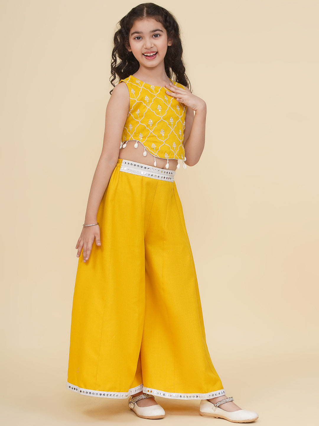 Bitiya by Bhama Girls Floral Embroidered Crop Top With Palazzo