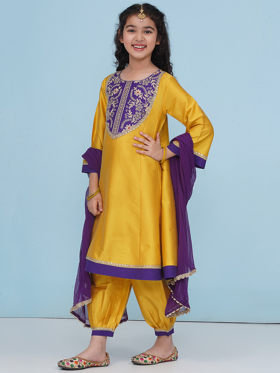 Bitiya by Bhama Girls Yellow Purple A-Line Kurta With  Afgani Salwar With Dupatta