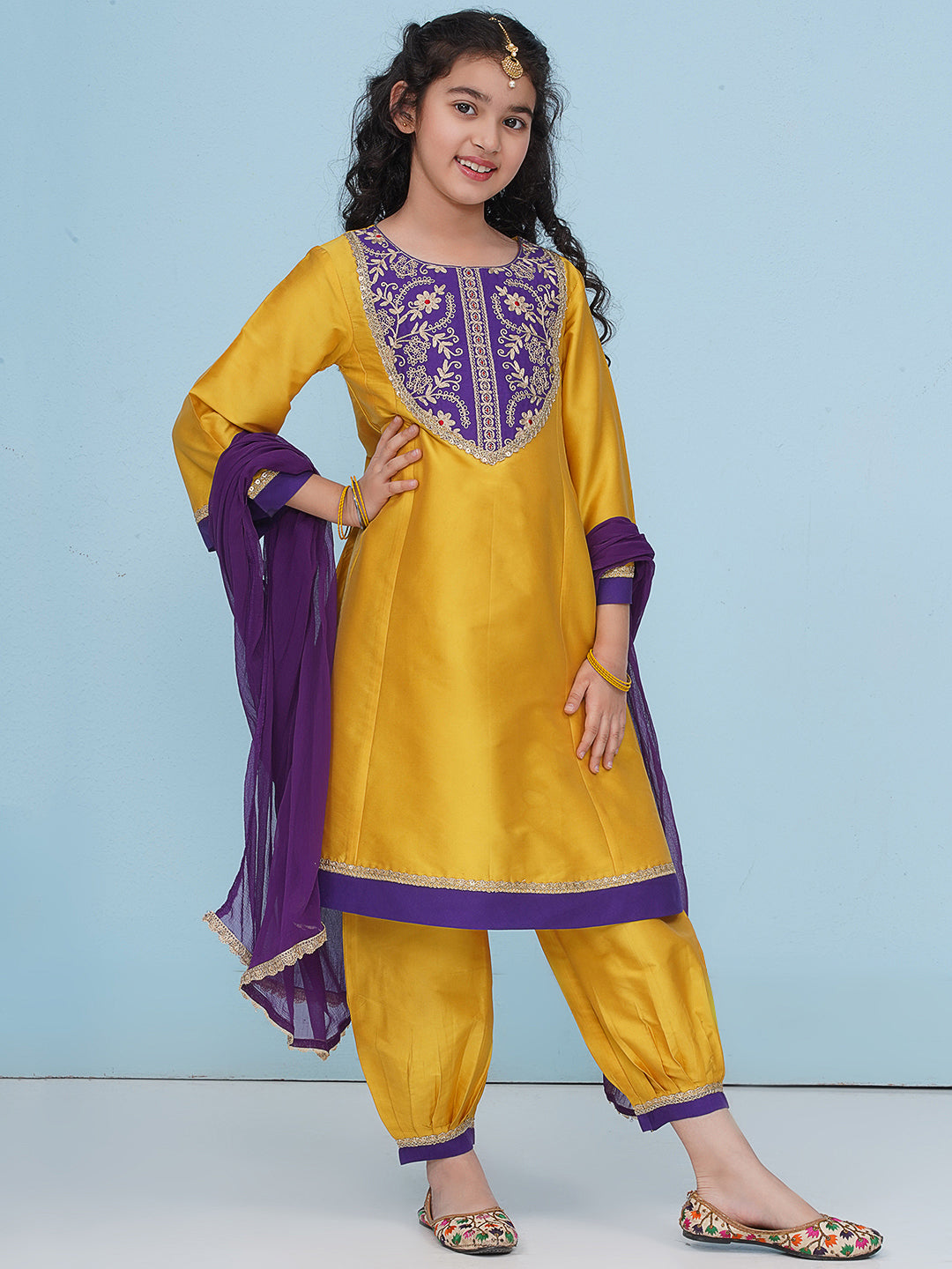 Bitiya by Bhama Girls Yellow Purple A-Line Kurta With  Afgani Salwar With Dupatta