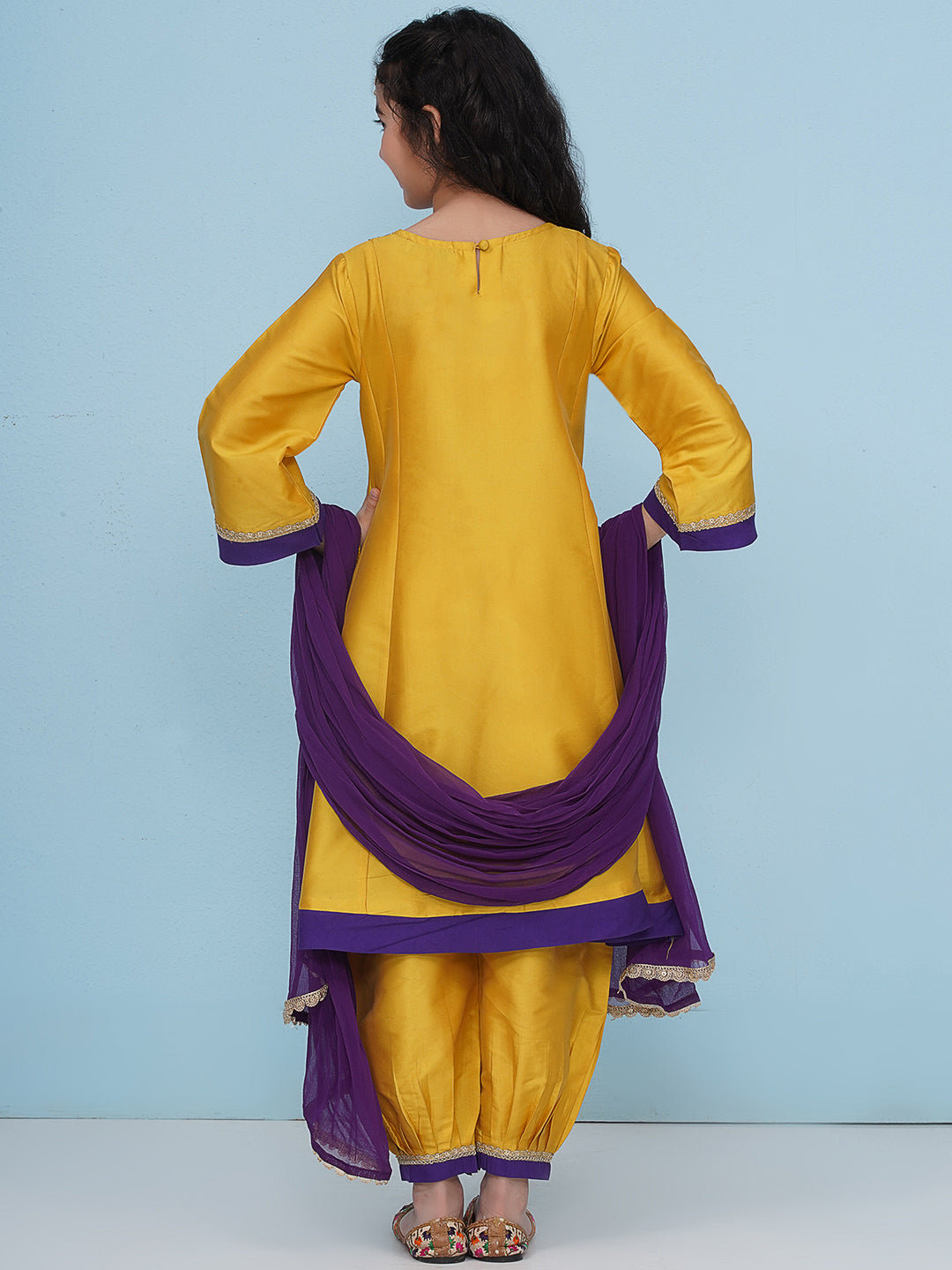 Bitiya by Bhama Girls Yellow Purple A-Line Kurta With  Afgani Salwar With Dupatta