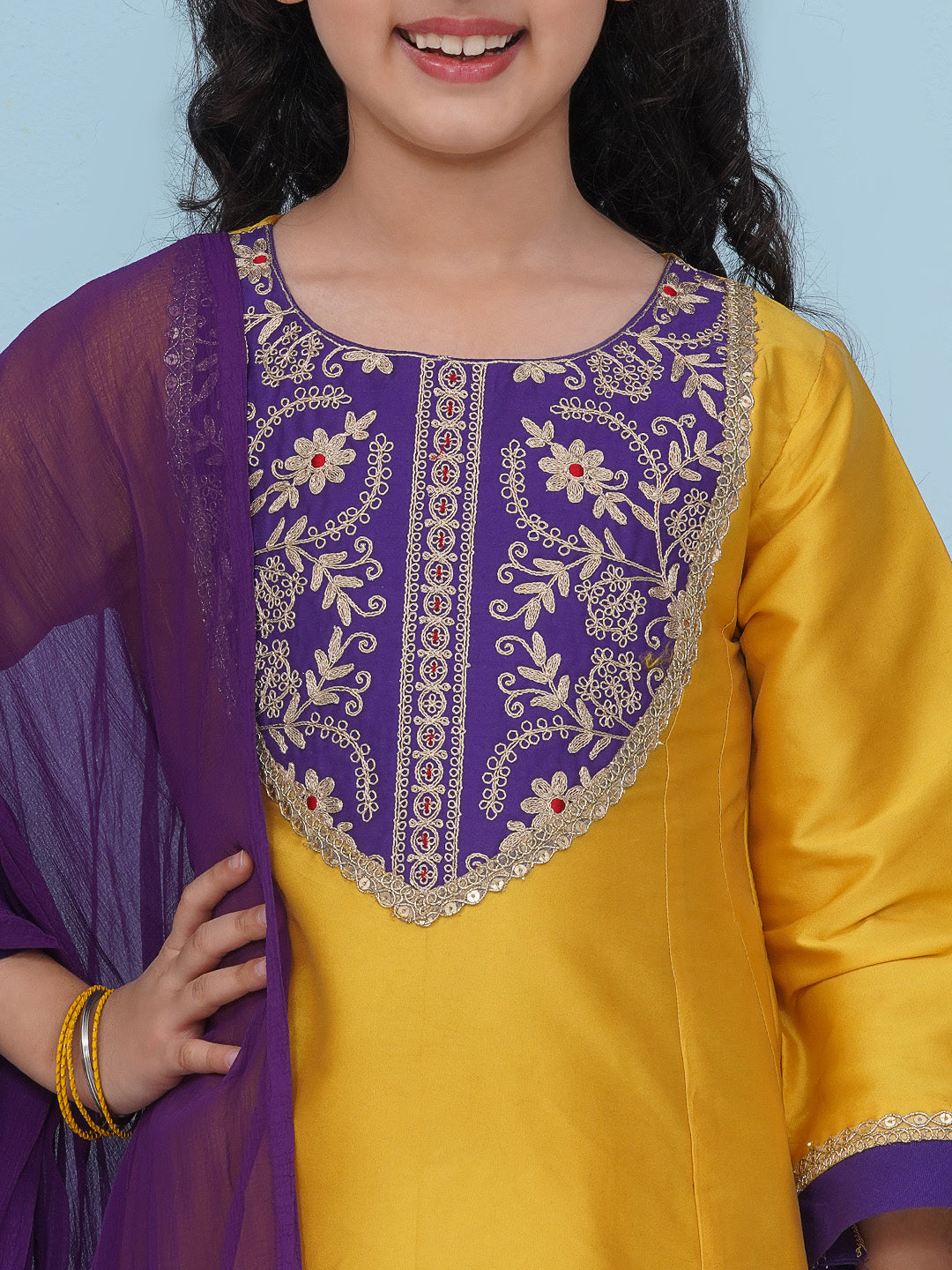 Bitiya by Bhama Girls Yellow Purple A-Line Kurta With  Afgani Salwar With Dupatta