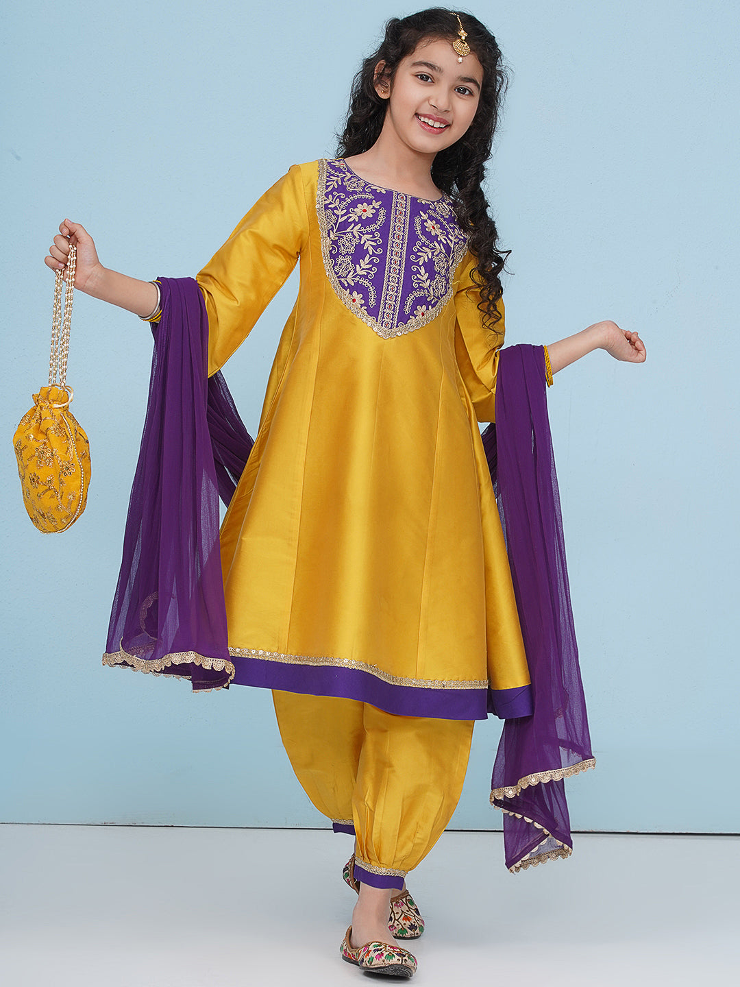 Bitiya by Bhama Girls Yellow Purple A-Line Kurta With  Afgani Salwar With Dupatta