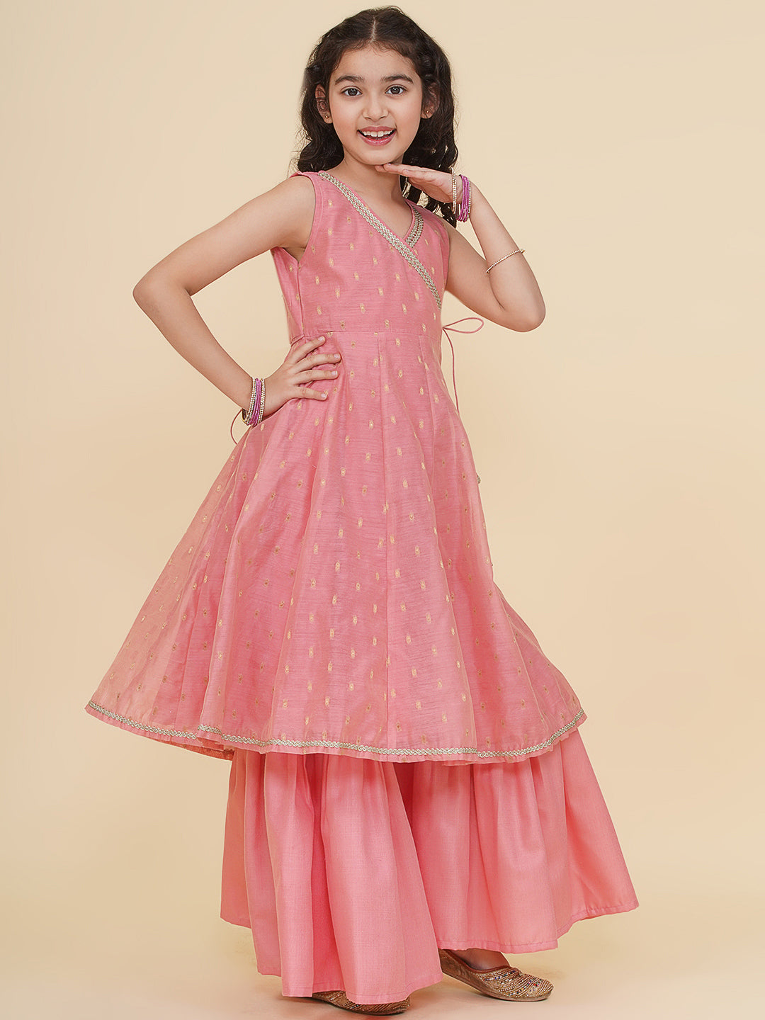 Bitiya by Bhama Girls Peach Angrakha Kurta with Sharara