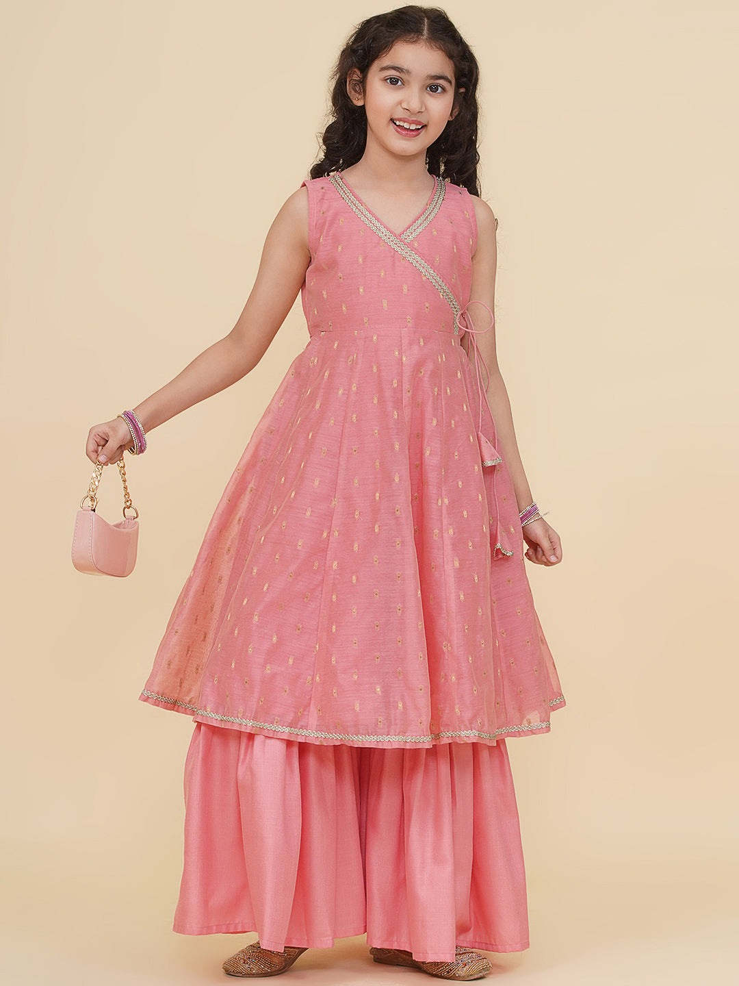 Bitiya by Bhama Girls Peach Angrakha Kurta with Sharara