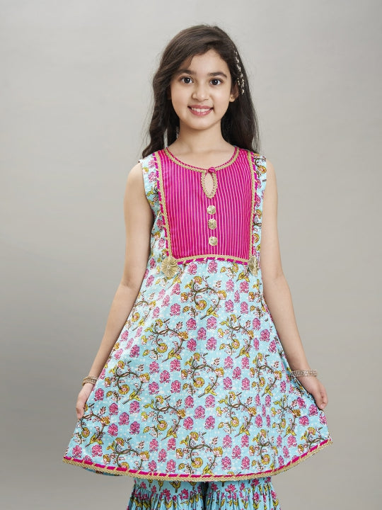 Bitiya by Bhama Girls Blue Floral Printed  Kurta With Sharara