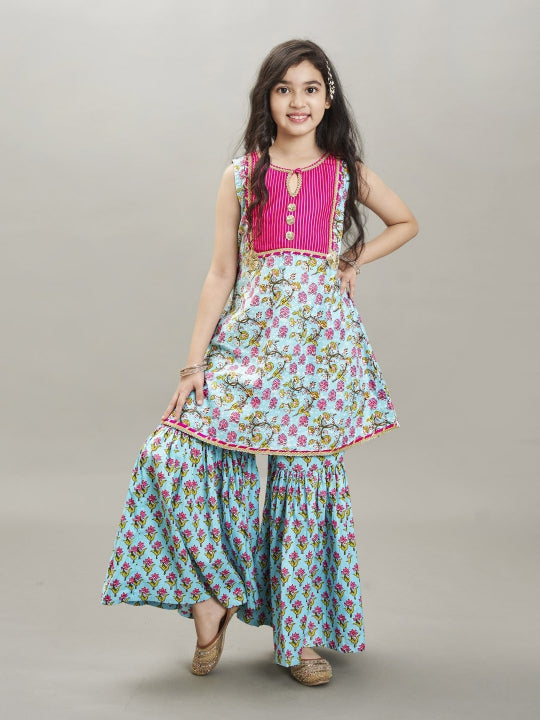Bitiya by Bhama Girls Blue Floral Printed  Kurta With Sharara