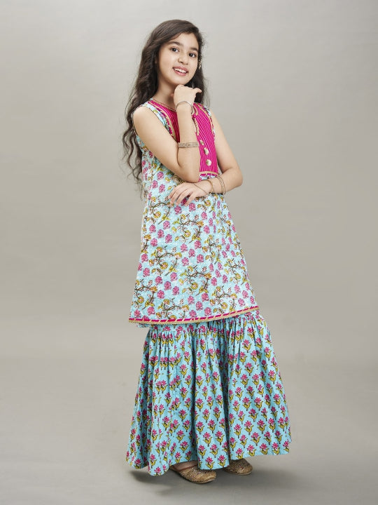 Bitiya by Bhama Girls Blue Floral Printed  Kurta With Sharara