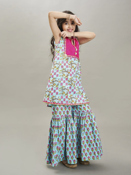 Bitiya by Bhama Girls Blue Floral Printed  Kurta With Sharara