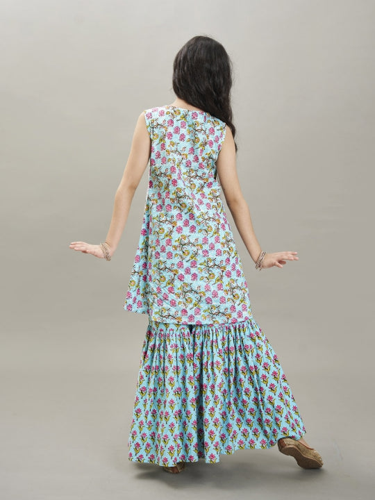 Bitiya by Bhama Girls Blue Floral Printed  Kurta With Sharara