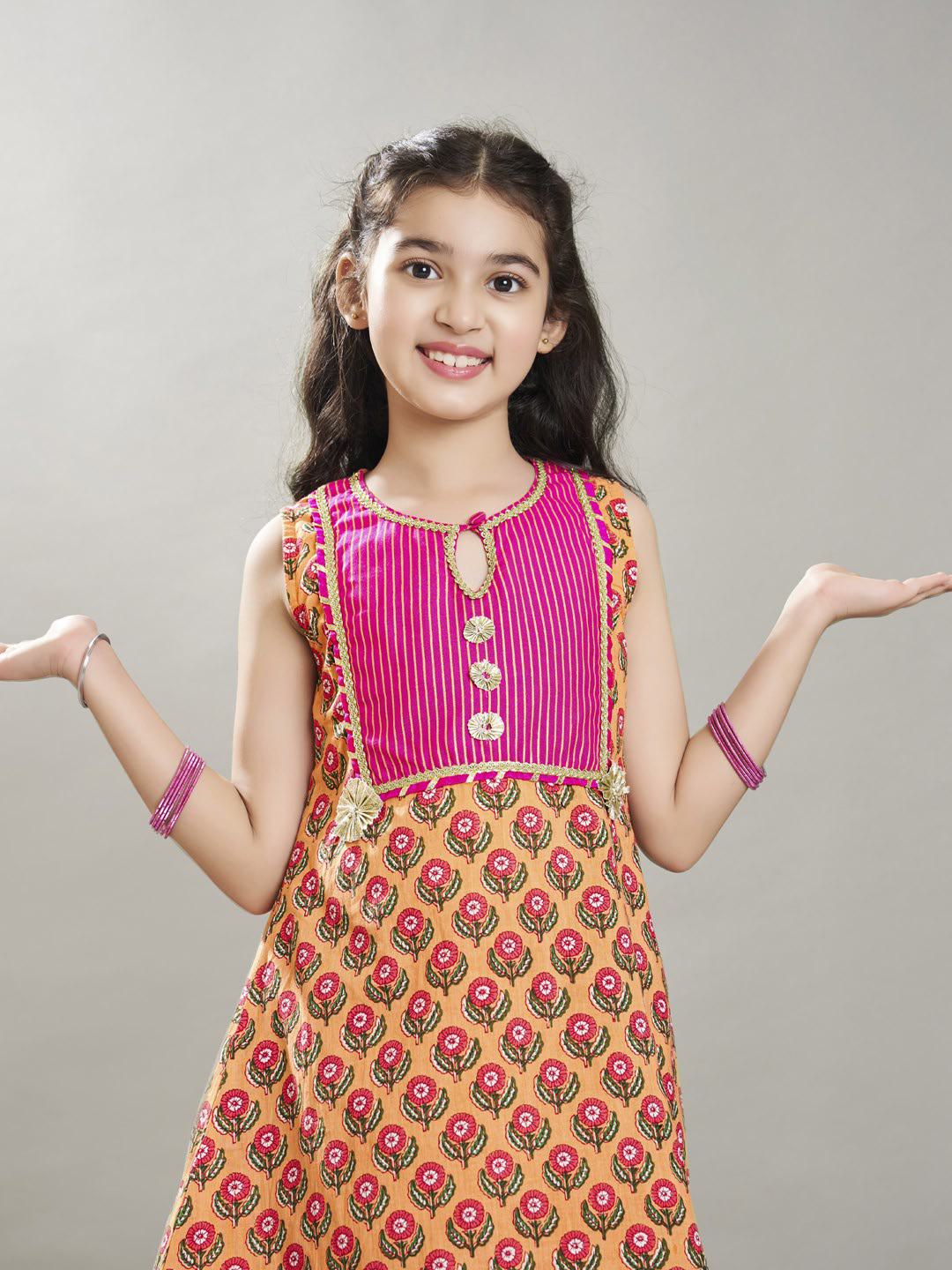 Bitiya by Bhama Girls Peach Floral Printed  Kurta With Sharara