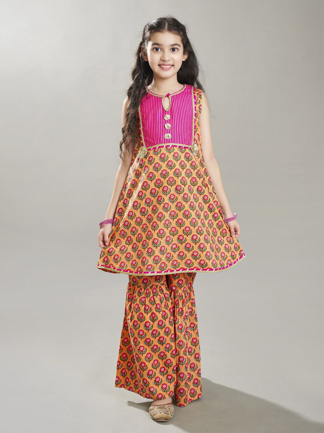 Bitiya by Bhama Girls Peach Floral Printed  Kurta With Sharara