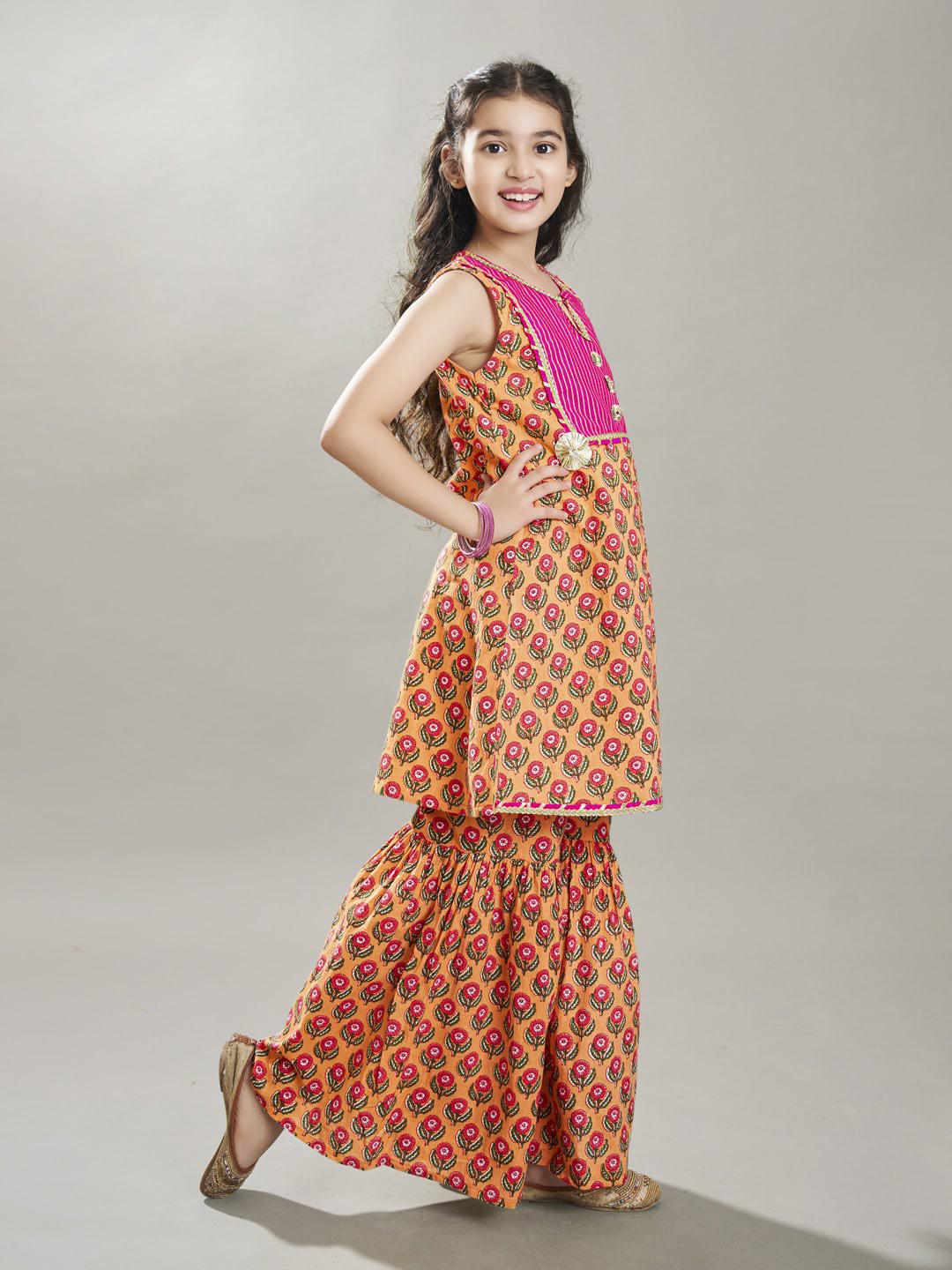 Bitiya by Bhama Girls Peach Floral Printed  Kurta With Sharara