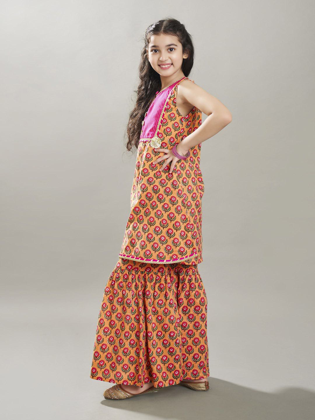 Bitiya by Bhama Girls Peach Floral Printed  Kurta With Sharara