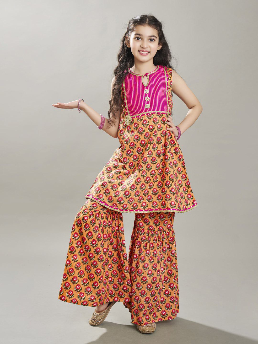 Bitiya by Bhama Girls Peach Floral Printed  Kurta With Sharara