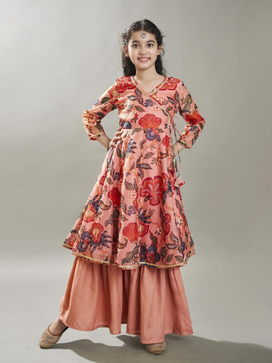 Bitiya by Bhama Girls Peach Floral Printed  Kurta With Sharara