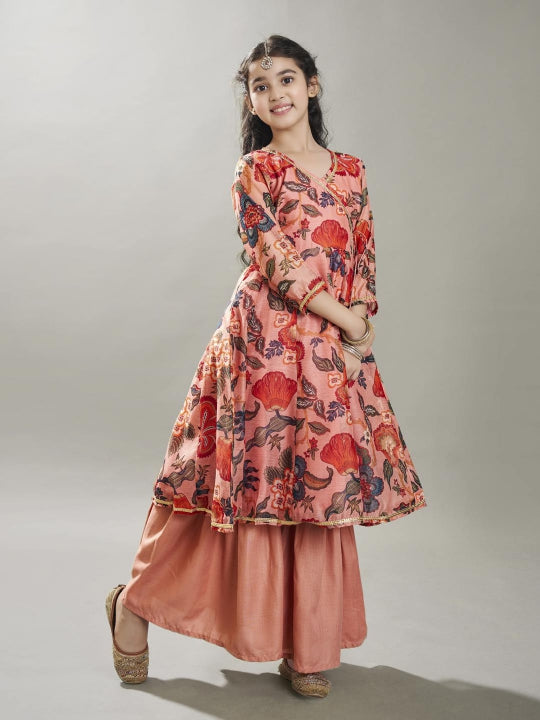Bitiya by Bhama Girls Peach Floral Printed  Kurta With Sharara