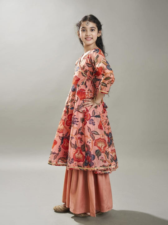 Bitiya by Bhama Girls Peach Floral Printed  Kurta With Sharara