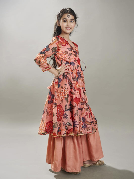 Bitiya by Bhama Girls Peach Floral Printed  Kurta With Sharara