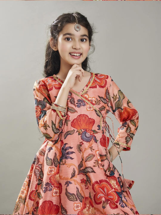 Bitiya by Bhama Girls Peach Floral Printed  Kurta With Sharara