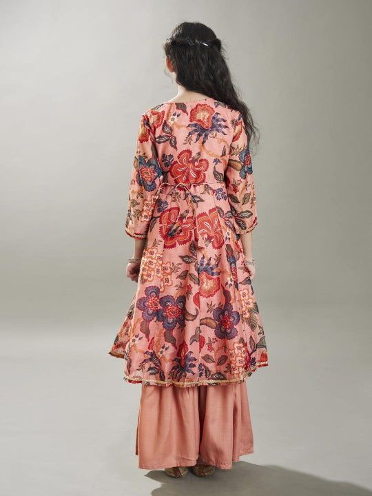 Bitiya by Bhama Girls Peach Floral Printed  Kurta With Sharara