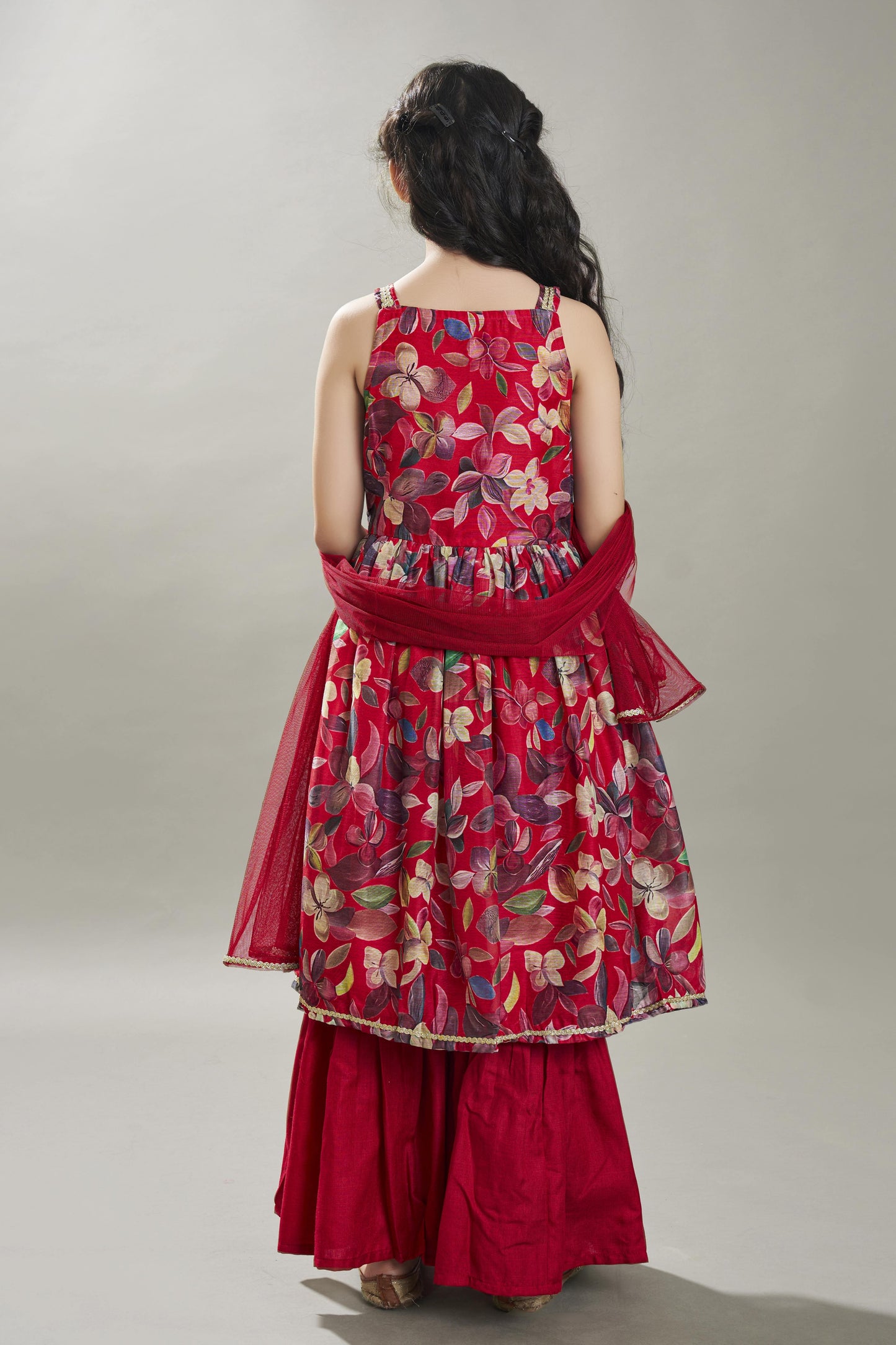 Bitiya by Bhama Girls Maroon Floral Printed Empire Gotta Patti  Kurta Sharara & With Dupatta