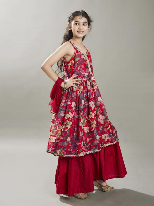 Bitiya by Bhama Girls Maroon Floral Printed Empire Gotta Patti  Kurta Sharara & With Dupatta
