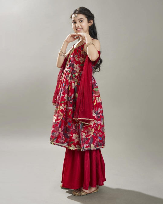 Bitiya by Bhama Girls Maroon Floral Printed Empire Gotta Patti  Kurta Sharara & With Dupatta