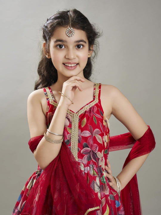 Bitiya by Bhama Girls Maroon Floral Printed Empire Gotta Patti  Kurta Sharara & With Dupatta