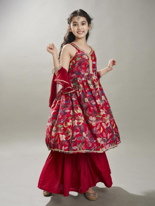 Bitiya by Bhama Girls Maroon Floral Printed Empire Gotta Patti  Kurta Sharara & With Dupatta