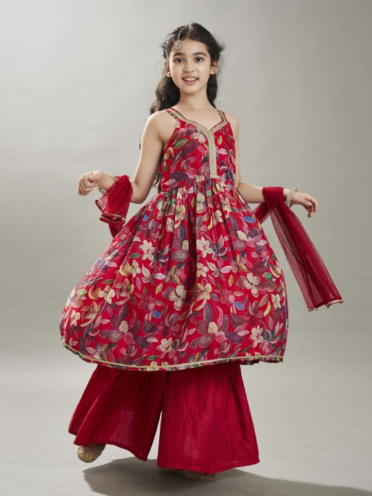 Bitiya by Bhama Girls Maroon Floral Printed Empire Gotta Patti  Kurta Sharara & With Dupatta
