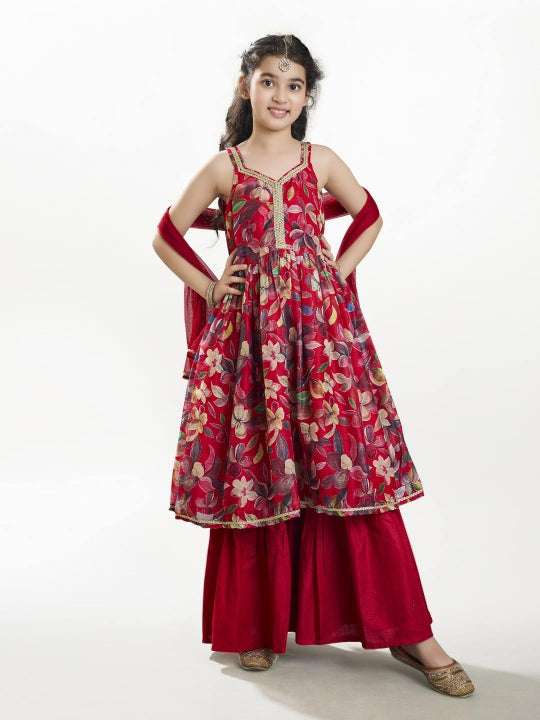 Bitiya by Bhama Girls Maroon Floral Printed Empire Gotta Patti  Kurta Sharara & With Dupatta